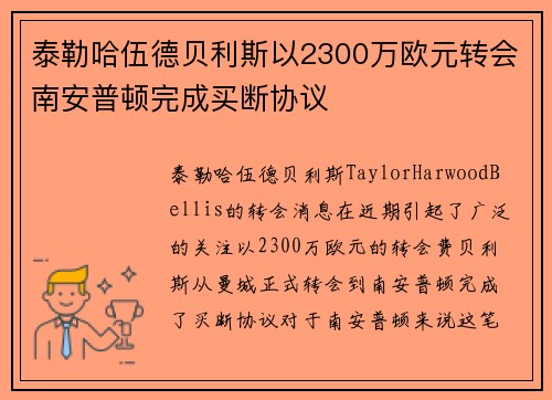 泰勒哈伍德贝利斯以2300万欧元转会南安普顿完成买断协议